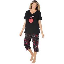 Dreams & Co Plus Women's 2-Piece Capri PJ Set by Dreams & Co. in Black Multi Hearts Size 5X Pajamas