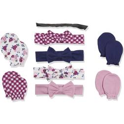 Hudson baby cotton headband and scratch mitten set, pink navy floral, 0-6m