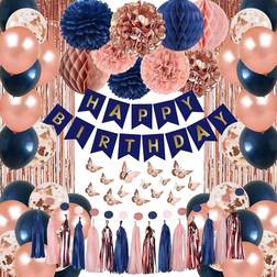 Rose gold and navy blue birthday party decorations for women with happy birth