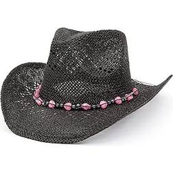 Straw Cowboy Hat for Women with Beaded Trim and Shapeable Brim BLACK-PINK