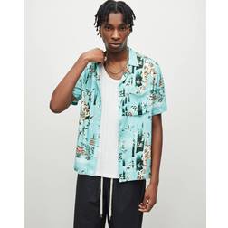 AllSaints Tagise Tiger Print Hawaiian Shirt CYAN BLUE