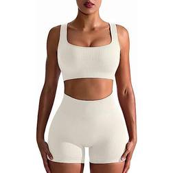 OQQ Ribbed High Waist Leggings with Sports Bra Set - Beige