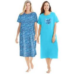 Plus Women's 2-Pack Long Sleepshirts by Dreams & Co. in Pool Blue Animal Hearts Size 1X/2X Nightgown