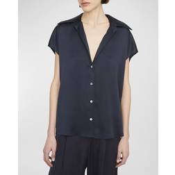 Vince Cap-Sleeve Ruched-Back Silk Blouse COASTAL