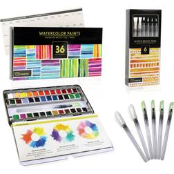 Branded Watercolor paint set includes 36 half pans & 6 refillable water brush pen