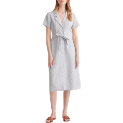 Quince European Linen Button Front Dress - Blue Pinstripe