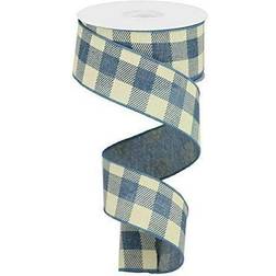 Plaid Check Wired Edge Ribbon Yards Faded Denim, Ivory, 1.5"