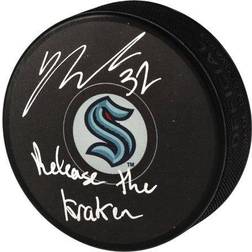 "Yanni Gourde Seattle Kraken Autographed Hockey Puck with "Release The Kraken" Inscription"