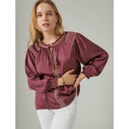 Lucky Brand Women's Embroidered Satin Peasant Top XXLarge