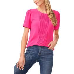 CeCe Women's Pin-Tucked Front Short Sleeve Crew Neck Blouse - Bright Rose