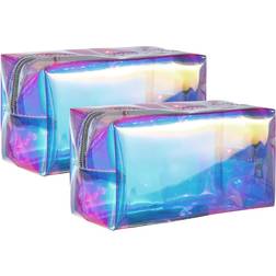 2 Pieces Holographic Makeup Bag Iridescent Cosmetic Pouch Waterproof Portable Handbag for Makeup Tools Organize