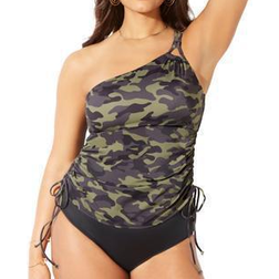 Swimsuits For All Adjustable One Shoulder Tankini Top - Green Camo