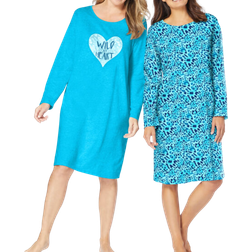 Plus Size Women's Long-Sleeve Sleepshirts 2-pack - Pool Blue/Animal Heart