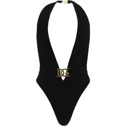 Dolce & Gabbana One-piece swimsuit with plunging neck and belt black