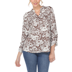 White Mark Women's Pleated Long Sleeve Floral Print Blouse - Brown