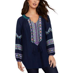 Women's Embroidered Peasant Blouse Plus Size - Navy