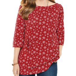 Woman Within Perfect Printed Three-Quarter Sleeve Boatneck Tee Plus Size - Classic Red Snowflakes