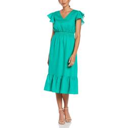 Cubavera Linen V-Neck Ruffle Sleeve Maxi Dress - Simply Green