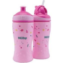 Nuby Trinkhalmflasche und Trinkflasche mit Pop-Up Verschluss 360ml Kombipack ab 18 Monate, pink