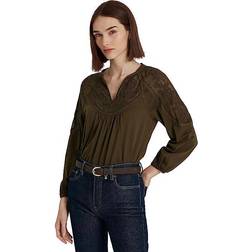 Lauren Ralph Lauren Embroidered Jersey Blouson-Sleeve Top Botanic Green