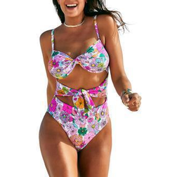 Swimsuits For All Underwire Tie Front Bandeau One Piece - Bright Floral