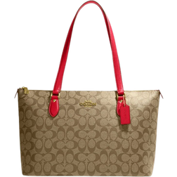 Coach Gallery Tote In Signature Canvas - Khaki/Electric Red