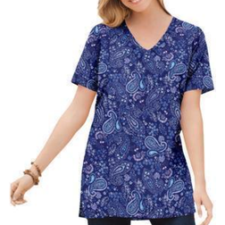 Woman Within Perfect Printed Short-Sleeve Shirred V-Neck Tunic Plus Size - Evening Blue Paisley