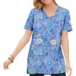 Woman Within Perfect Printed Short-Sleeve Shirred V-Neck Tunic Plus Size - French Blue Jacquard Floral