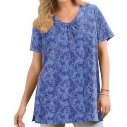 Woman Within Perfect Printed Short-Sleeve Shirred V-Neck Tunic Plus Size - French Blue Paisley