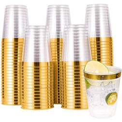 Jolly Chef 100 pack gold plastic cups,10 oz clear plastic cups tumblers, elegant gold ri