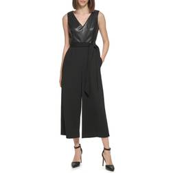 Calvin Klein Women's Faux-Leather-Top Belted Jumpsuit Black Black