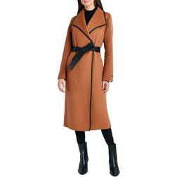 Tahari Women's Faux-Leather-Trim Belted Wrap Coat Caramel Caramel