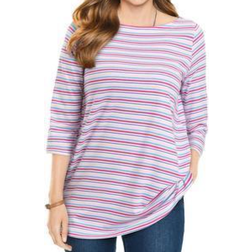 Woman Within Perfect Printed Three-Quarter Sleeve Boatneck Tee Plus Size - White Multi Mini Stripe