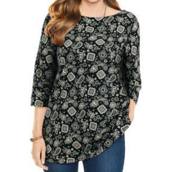 Woman Within Perfect Printed Three-Quarter Sleeve Boatneck Tee Plus Size - Black Bandana Paisley