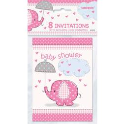 Unique Baby girl shower invitations & envelopes umbrellaphants x 8