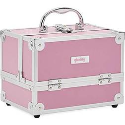 Glamlily Pink Makeup Train Case with Lock and 2 Keys, 3-Tier Cosmetic Storage Box