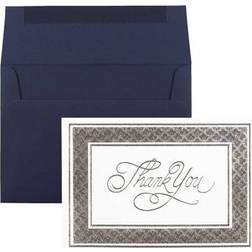 Jam Paper Thank You Card Sets Silver Border w/ Navy Blue Envelopes 25/Pack