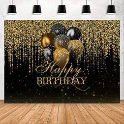 Aperturee 7x5ft happy birthday backdrop glitter black and gold bokeh balloons