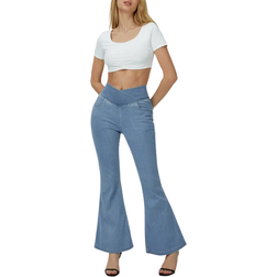 Halara High Waisted Crossover Pocket Washed Stretchy Knit Casual Super Flare Jeans - Denim Light Blue