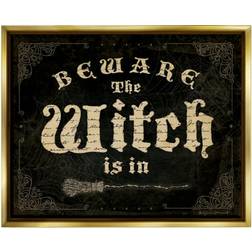 Stupell Industries Beware The Witch Vintage Phrase Holiday Painting Gold Floater Framed Art