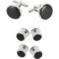 Trafalgar Men's Round Black Onyx Cufflink Stud Set Silver