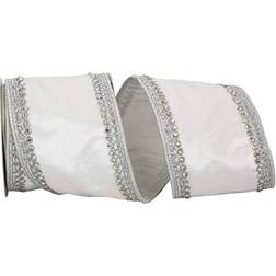 Reliant Ribbon Plush Velvet Jewel Trim Wired Edge Ribbon, 4 Inch X 5 Yards, White/silver