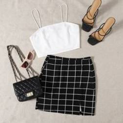 Shein EZwear Solid Cami Top & Split Hem Grid Skirt Set