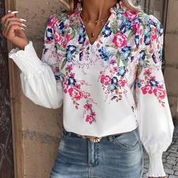 Shein Floral Print Notched Neckline Lantern Sleeve Blouse