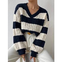 Shein Essnce Two Tone Cable Knit Drop Shoulder Sweater