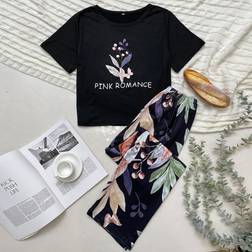 Shein Botanical and Letter Print Top & Pants PJ Set