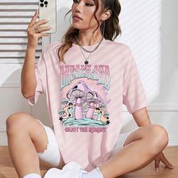 Shein Mushroom & Slogan Graphic Drop Shoulder Tee