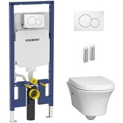 Geberit 2-Piece 0.8/1.6 GPF Dual Flush Elongated Cossu Toilet in White w/Concealed Tank 2x6 Construction and Dual Flush Plate