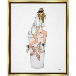Stupell Industries Trendy Fashionable Girl Coffee Cup Beauty & Fashion Painting Gold Floater Print Framed Art 25x31"