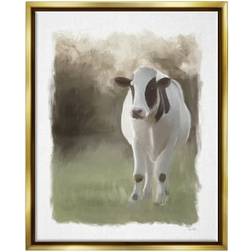 Stupell Industries White Cow Farmhouse Painting Animals & Insects Painting Gold Floater Print Framed Art 17x21"